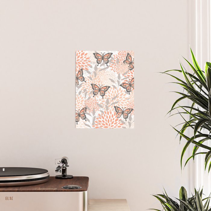 Floral and Butterflies Print, Gray, Coral, Peach Poster Gallery Image 2