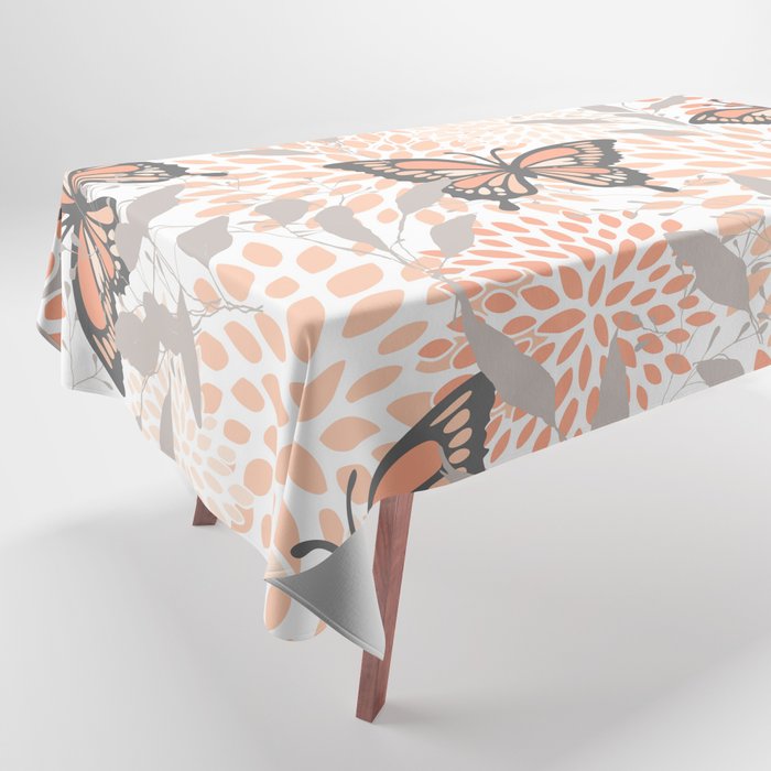 Floral and Butterflies Print, Gray, Coral, Peach Tablecloth Gallery Image 1