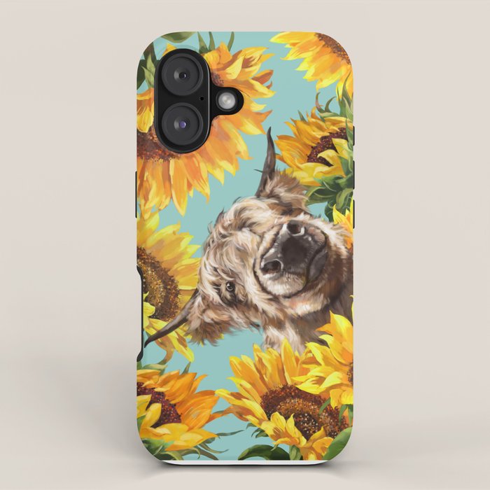 Highland Cow with Sunflowers in Blue iPhone Case Gallery Image 1