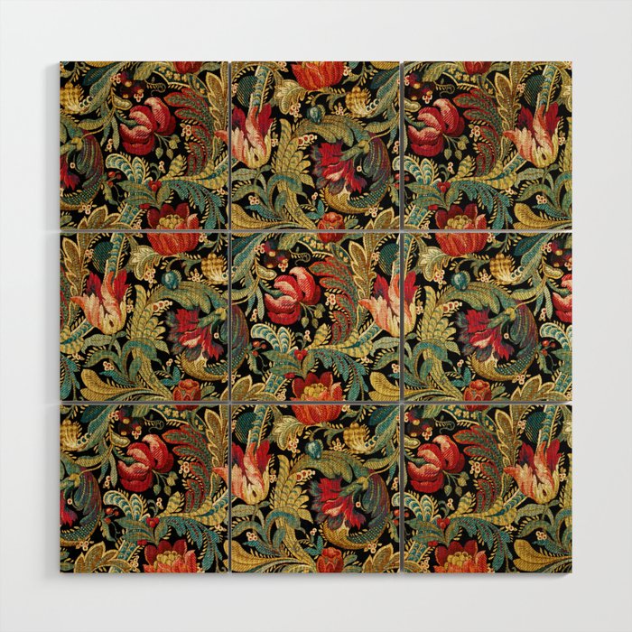 Vintage floral pattern (1918) Red Tulips Green Leaves Wood Wall Art Gallery Image 1