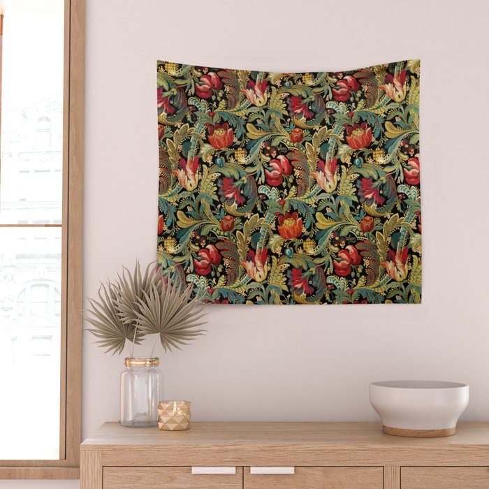Vintage floral pattern (1918) Red Tulips Green Leaves Wall Tapestry Gallery Image 2