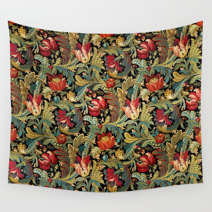 Vintage floral pattern (1918) Red Tulips Green Leaves Wall Tapestry Gallery Image 4