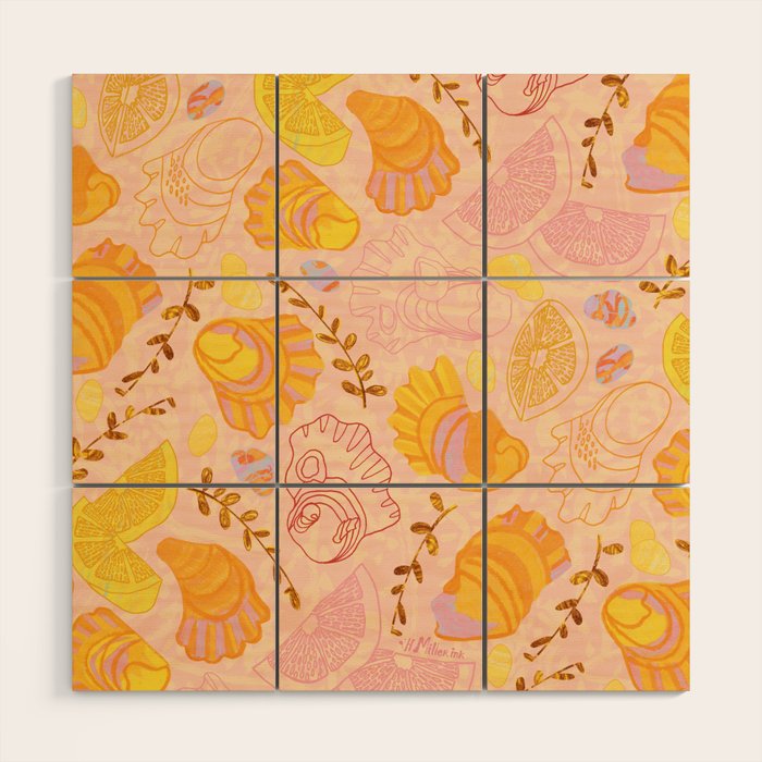 Coastal Oysters on the Beach in Lemon Orange & Peach Wood Wall Art Gallery Image 1