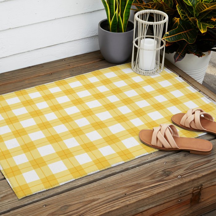 Yellow geometric plaid gingham pattern Outdoor Rug Gallery Image 2