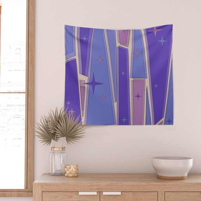 Mid Century Modern Atomic Purple Stained Glass and Stars Abstract Wall Tapestry Gallery Image 2