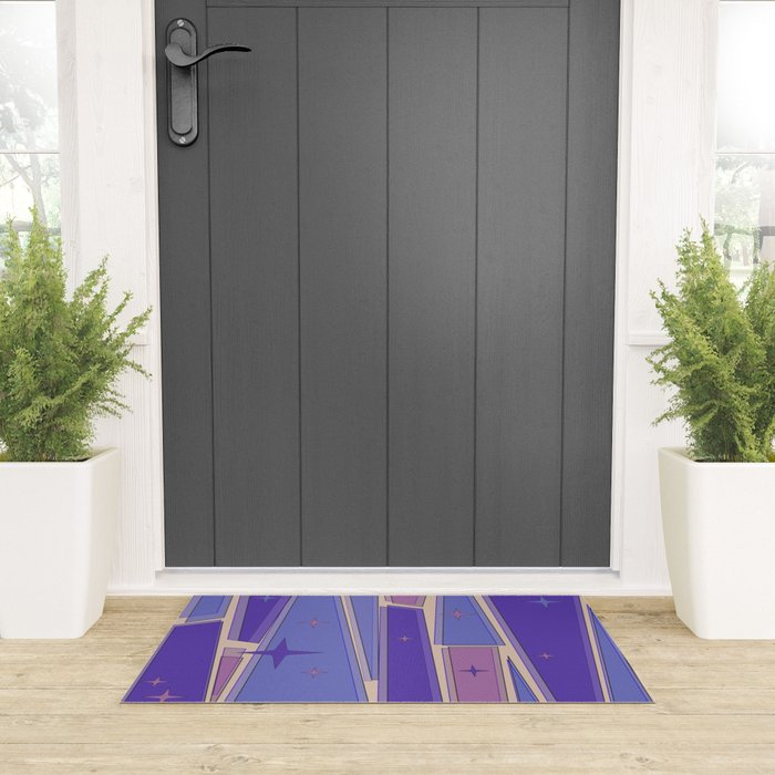 Mid Century Modern Atomic Purple Stained Glass and Stars Abstract Welcome Mat Gallery Image 3