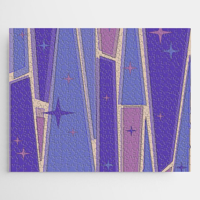 Mid Century Modern Atomic Purple Stained Glass and Stars Abstract Jigsaw Puzzle