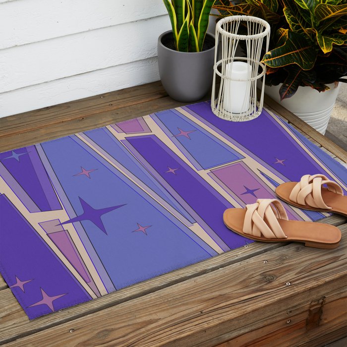 Mid Century Modern Atomic Purple Stained Glass and Stars Abstract Outdoor Rug Gallery Image 2