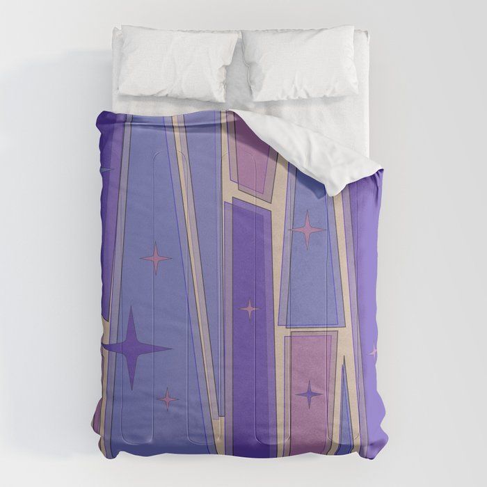 Mid Century Modern Atomic Purple Stained Glass and Stars Abstract Comforter Gallery Image 1