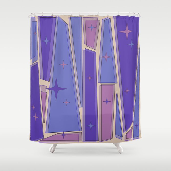 Mid Century Modern Atomic Purple Stained Glass and Stars Abstract Shower Curtain Gallery Image 1