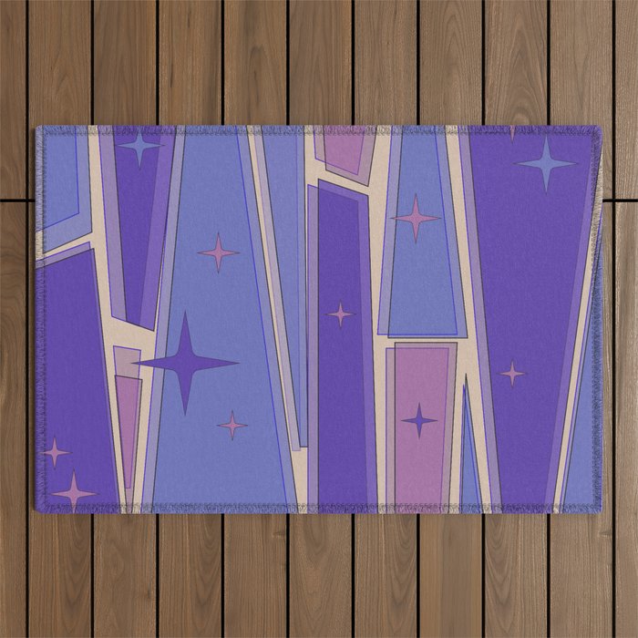Mid Century Modern Atomic Purple Stained Glass and Stars Abstract Outdoor Rug Gallery Image 1