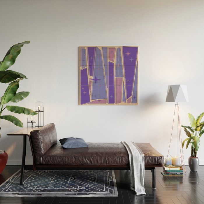 Mid Century Modern Atomic Purple Stained Glass and Stars Abstract Wood Wall Art Gallery Image 2