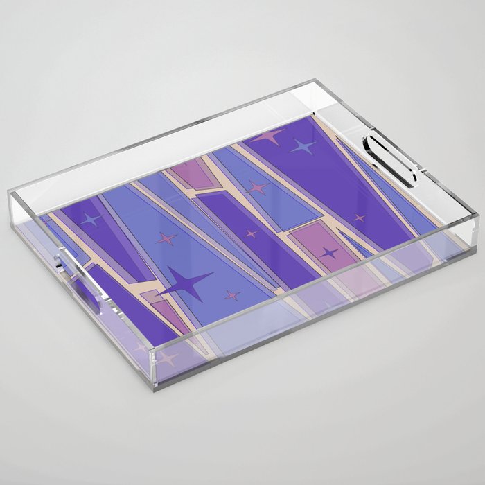 Mid Century Modern Atomic Purple Stained Glass and Stars Abstract Acrylic Tray Gallery Image 1