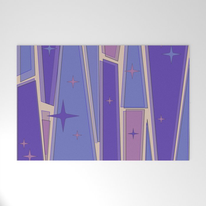 Mid Century Modern Atomic Purple Stained Glass and Stars Abstract Welcome Mat Gallery Image 1