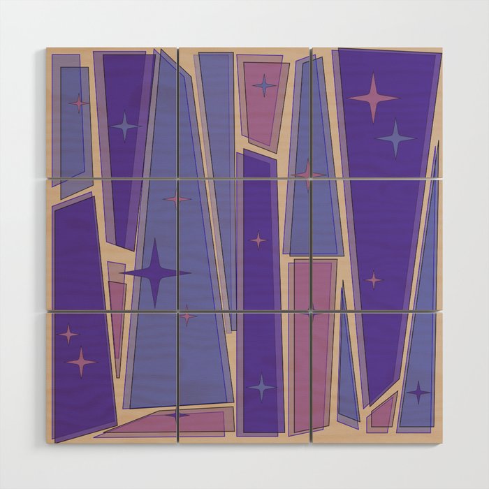 Mid Century Modern Atomic Purple Stained Glass and Stars Abstract Wood Wall Art Gallery Image 1