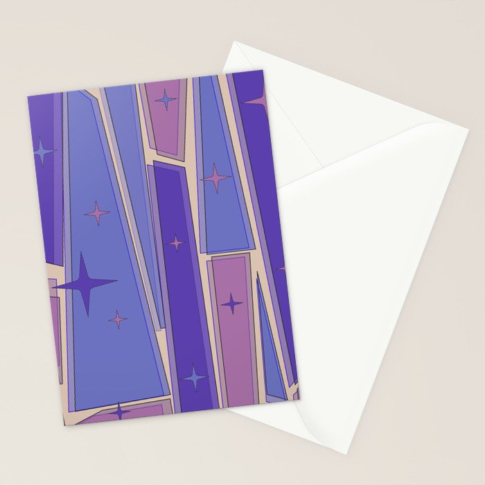 Mid Century Modern Atomic Purple Stained Glass and Stars Abstract Stationery Card Gallery Image 2