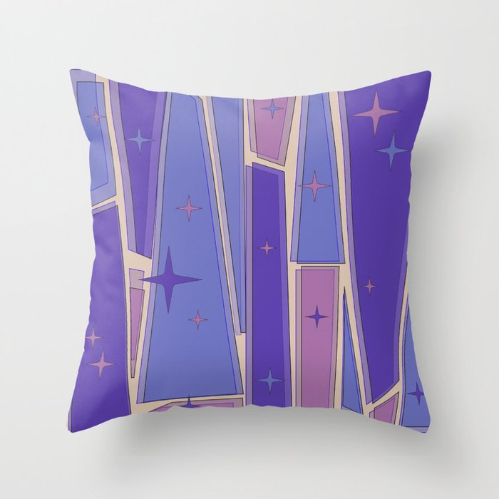 Mid Century Modern Atomic Purple Stained Glass and Stars Abstract Throw Pillow Gallery Image 1
