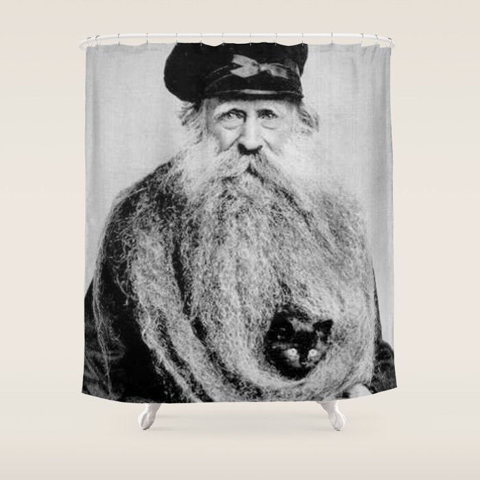 Kitten in the Beard of Old Man black and white photograph Shower Curtain Gallery Image 1