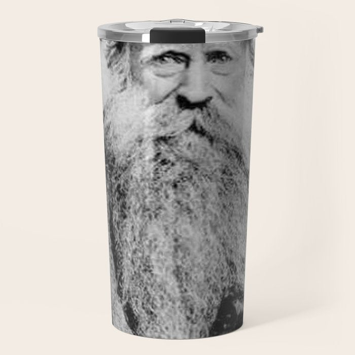 Kitten in the Beard of Old Man black and white photograph Travel Mug Gallery Image 1