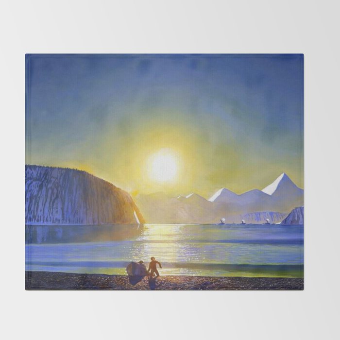 Resurrection Bay, Alaska, Midnight Sun Mountain landscape by Rockwell Kent Throw Blanket Gallery Image 2