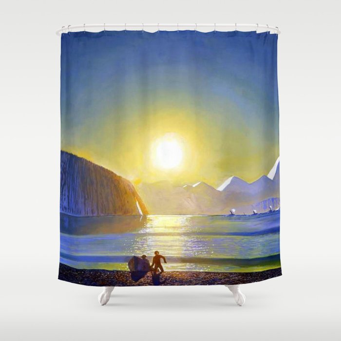 Resurrection Bay, Alaska, Midnight Sun Mountain landscape by Rockwell Kent Shower Curtain Gallery Image 1
