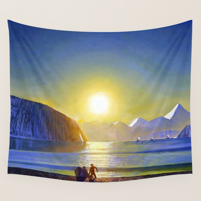 Resurrection Bay, Alaska, Midnight Sun Mountain landscape by Rockwell Kent Wall Tapestry Gallery Image 4