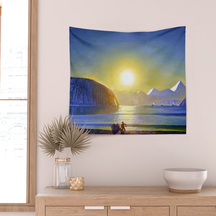 Resurrection Bay, Alaska, Midnight Sun Mountain landscape by Rockwell Kent Wall Tapestry Gallery Image 2