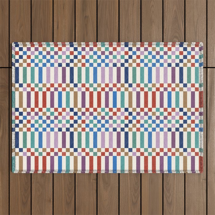 Colorful Geometric Checkered Stripes Pattern Outdoor Rug Gallery Image 1