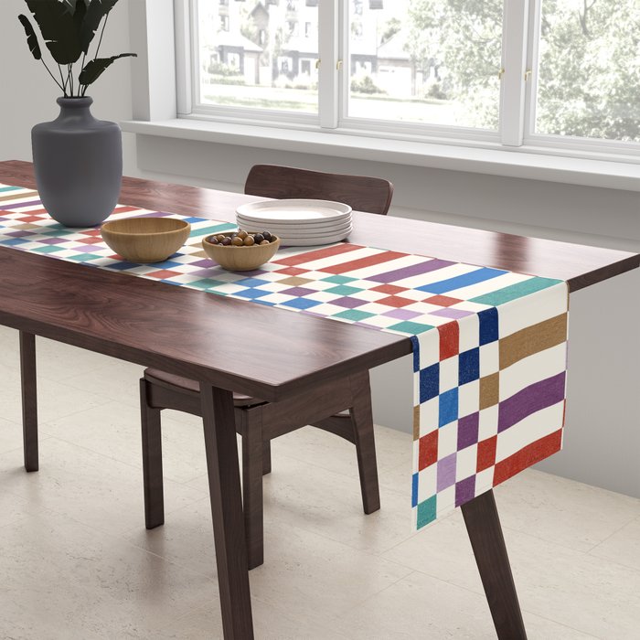 Colorful Geometric Checkered Stripes Pattern Table Runner Gallery Image 2
