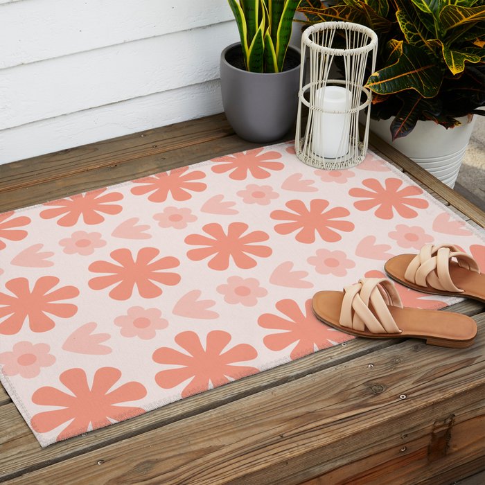 Scandi Floral Grid Retro Pattern in Pale Blush Pink Outdoor Rug Gallery Image 2