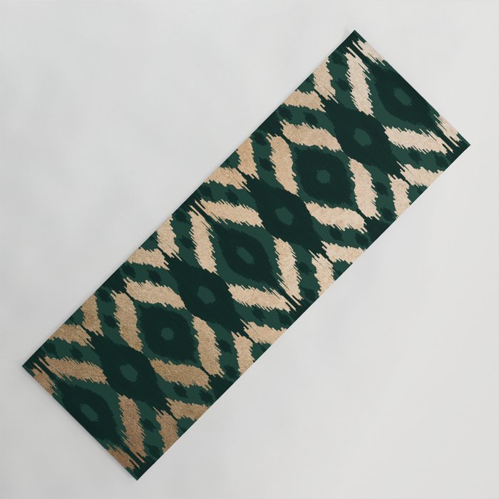 Bohemian Gold Forest Green Ikat Pattern Yoga Mat Gallery Image 1