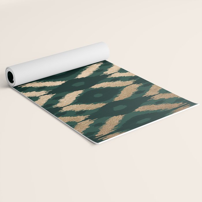 Bohemian Gold Forest Green Ikat Pattern Yoga Mat Gallery Image 2