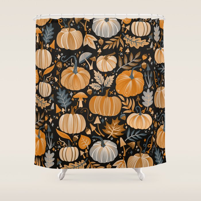 Pumpkin Confetti - Orange on Charcoal Shower Curtain Gallery Image 1