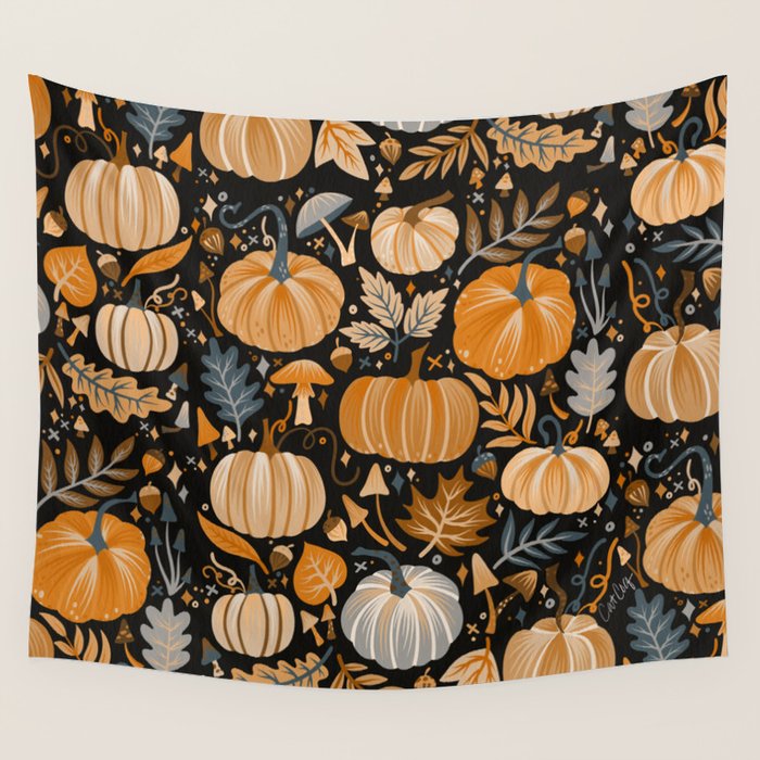 Pumpkin Confetti - Orange on Charcoal Wall Tapestry Gallery Image 4