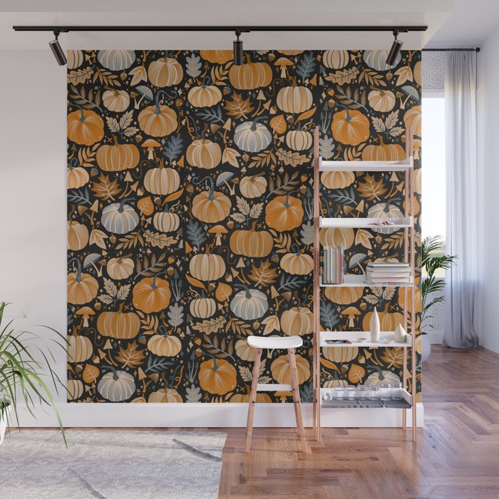 Pumpkin Confetti - Orange on Charcoal Wall Mural Gallery Image 1