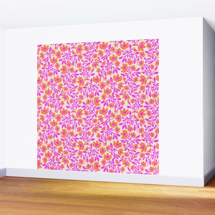 Tropical Blooms Pattern - Pink and Orange Wall Mural Gallery Image 2