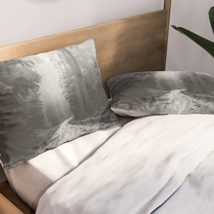 Redwood Forest Adventure Black and White - Nature Photography Pillow Sham Gallery Image 2