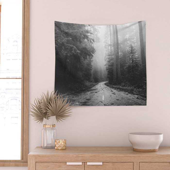 Redwood Forest Adventure Black and White - Nature Photography Wall Tapestry Gallery Image 2
