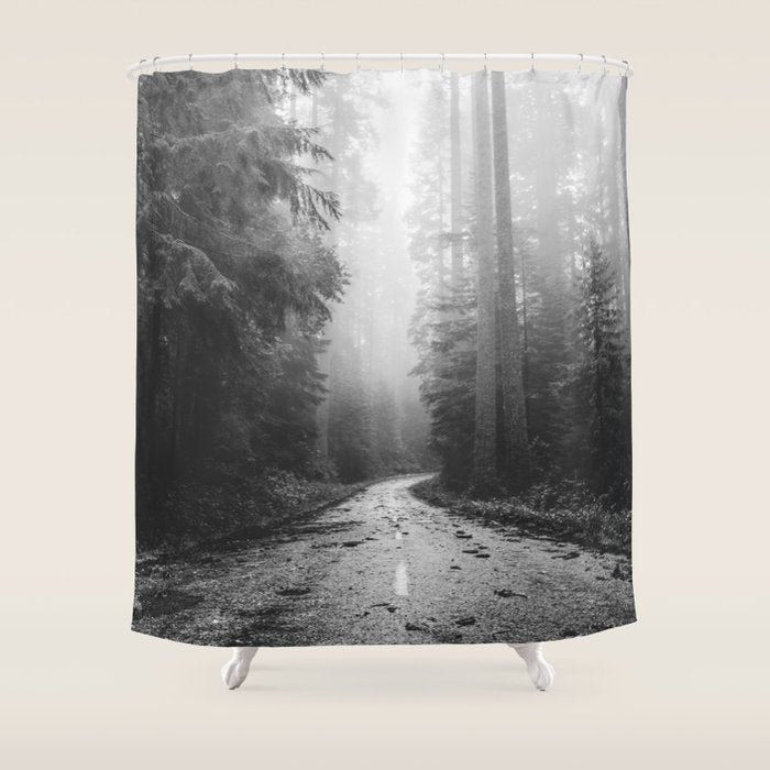 Redwood Forest Adventure Black and White - Nature Photography Shower Curtain Gallery Image 1