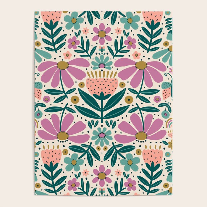 Pretty Floral - Lilac, Turquoise, Pink Poster Gallery Image 1