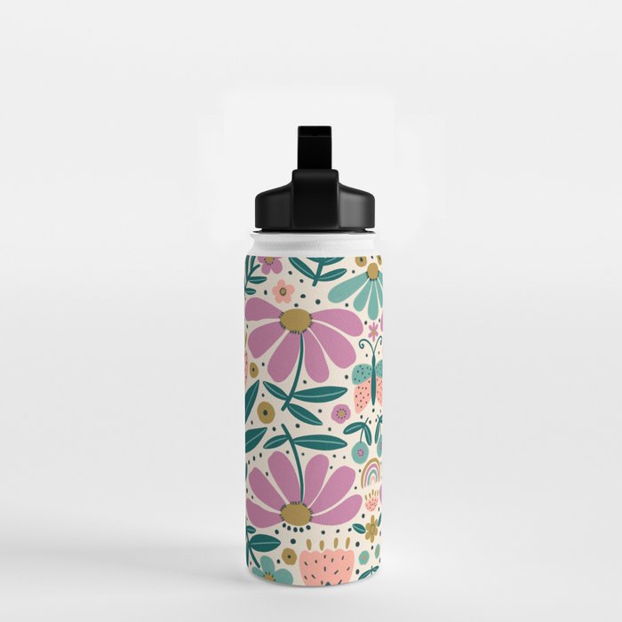 Pretty Floral - Lilac, Turquoise, Pink Water Bottle Gallery Image 2