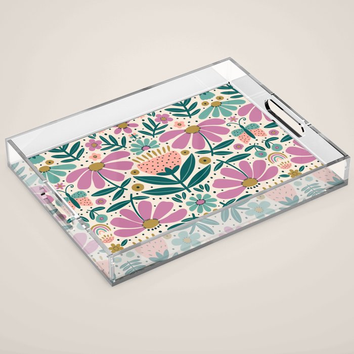 Pretty Floral - Lilac, Turquoise, Pink Acrylic Tray Gallery Image 1