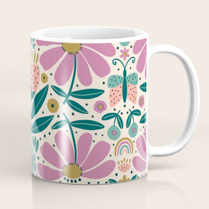 Pretty Floral - Lilac, Turquoise, Pink Coffee Mug Gallery Image 1