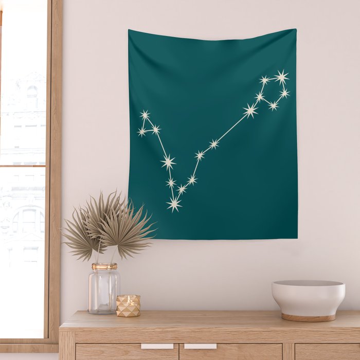 Pisces Zodiac Star Constellation Line Art Deep Teal Wall Tapestry Gallery Image 2