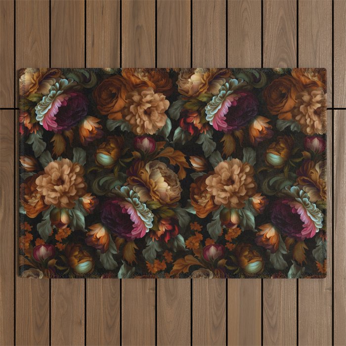 Enchanting Lush Baroque Midnight Flower Garden Outdoor Rug Gallery Image 1