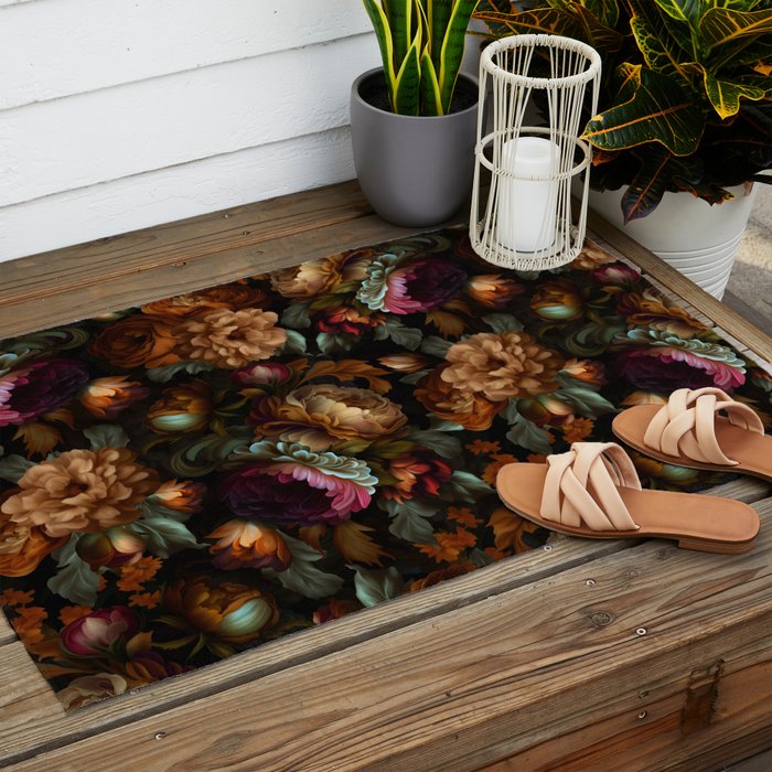 Enchanting Lush Baroque Midnight Flower Garden Outdoor Rug Gallery Image 2