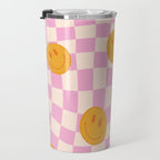 Groovy Smiley Faces on Pastel Pink Twisted Checkerboard Travel Mug Gallery Image 3