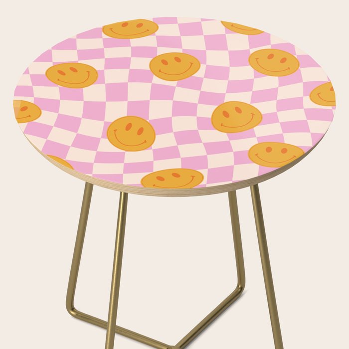 Groovy Smiley Faces on Pastel Pink Twisted Checkerboard Side Table Gallery Image 2