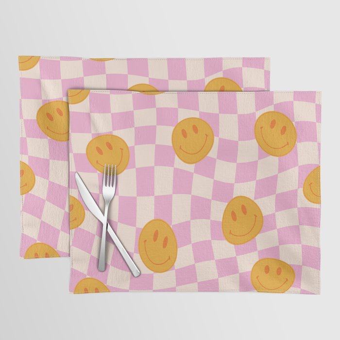 Groovy Smiley Faces on Pastel Pink Twisted Checkerboard Placemat Gallery Image 1