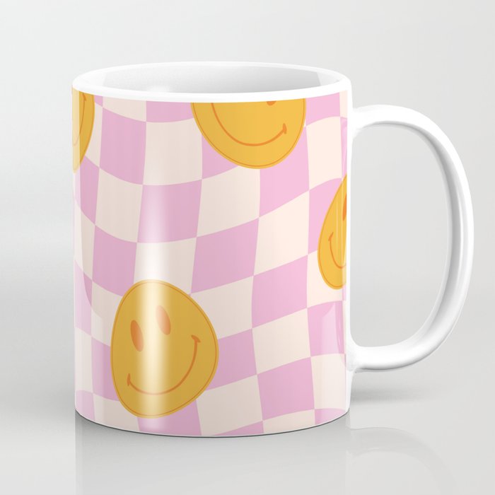 Groovy Smiley Faces on Pastel Pink Twisted Checkerboard Coffee Mug Gallery Image 1